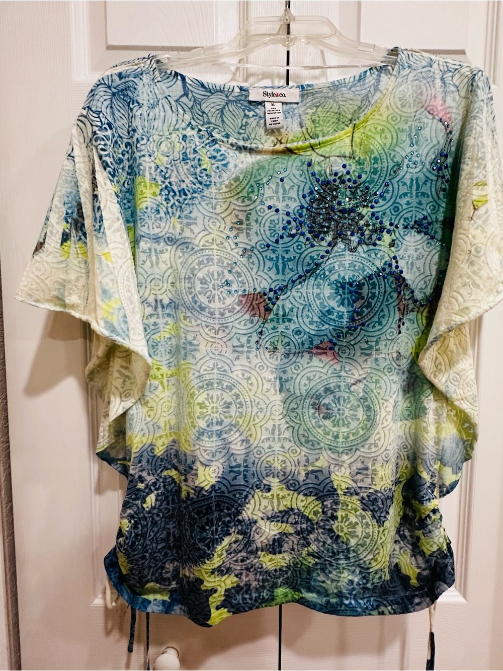 Style & Co. Blue Green Patterned Short Sleeve Blouse with Rhinestone Accent